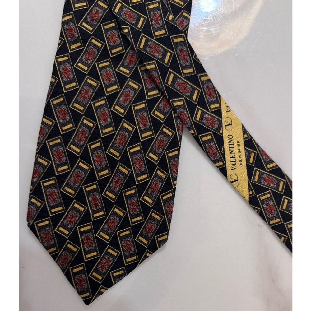 Vintage Valentino cravatte Silk Tie Made In Italy Geometric Black Gold Red Retro